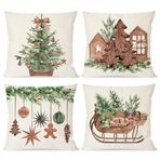 PANDICORN Noel Yastık Kılıfları 40 x 40 cm 4'lü Set Ahşap Noel Ağacı Kızak Nötr Noel Dekoru Dış Mekan Noel Kış Tatili Kahverengi Dekoratif Kırlent Kılıfı Ev Kanepe için Süslemeler
