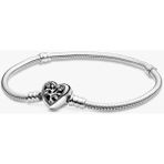Pandora Aile Ağacı Kalp Klipsli Yılan Zinciri Bileklik 925 Ayar Gümüş - 23 cm