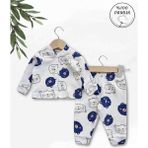 Panfilia Giza Kids %100 Pamuk Erkek Bebek Pijama Takımı - Beyaz - Mavi - 3 - 6 Ay
