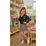 Panino Kız Çocuk Leopar Desenli Şort Etekli 2’li Takım - Fiyonk Detaylı Sweatshirt ve Şort Etek Seti - 5 - 6 Yaş - Siyah