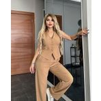PANTALON YELEKLİ TAKIM İTHAL DABIL KUMAŞ Kadın Düğmeli Yelek Palazzo Geniş Paça Pantolon Ikili Takım