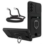 PANXIYUE Samsung Galaxy A54 5G için koruyucu kılıf, [objektif için sürgülü kapak] [araba için metal tutucu] [kolye kordonu] [kart yuvası] sıvı silikon, darbeye dayanıklı, koruyucu kılıf, siyah