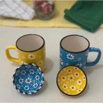 Papatya Çiçek 2 Li Çay Kahve Sarı-Mavi Kupa ve 2 Adet Lokumluk Kase - 400 ml - Açık Mavi - Sarı