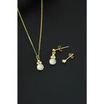Papatya Silver 925 Ayar Gümüş Gold Kaplama Beyaz Opal Yuvarlak Kolye Çivili ve Top Küpe Set