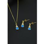 Papatya Silver 925 Ayar Gümüş Gold Kaplama Mavi Opal Yuvarlak Kolye ve Çiftli Küpe Seti