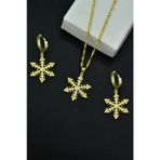Papatya Silver 925 Ayar Gümüş Gold Kaplama Singapur Zincir Opal Kar Tanesi Kadın Kolye ve Küpe Set