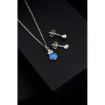 Papatya Silver 925 Ayar Gümüş Mavi Opal Yuvarlak Kolye Çivili Top Küpe Set