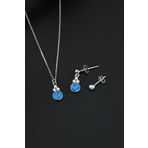 Papatya Silver 925 Ayar Gümüş Mavi Opal Yuvarlak Kolye Çivili Ve Top Küpe Set