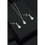 Papatya Silver 925 Ayar Gümüş Rodyum Kaplama Beyaz Opal Yuvarlak Kolye ve Çivili Küpe Set