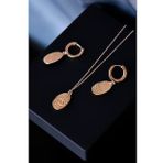 Papatya Silver 925 Ayar Gümüş Rose Kaplama Plaka Göz Kirpik Halka Küpe Ve Kolye Set