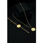 Papatya Silver UVPS600074 Altın Kaplama Firuze Nazar Mineli Plaka Bileklik Set 925 Ayar Gümüş Kolye