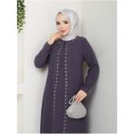 Papatya Taşlı Büyük Beden Anne Elbisesi - Füme - 48