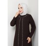 Papatya Taşlı Büyük Beden Anne Elbisesi - Kahve Rengi - 46