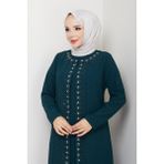 Papatya Taşlı Büyük Beden Anne Elbisesi - Zümrüt Yeşil - 46