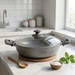 Papilla Argos 26 cm Karnıyarık Tenceresi - İç-Dış Gri Kırçıl Granit Efektli Yanmaz Yapışmaz Cam Kapaklı Sığ Tencere