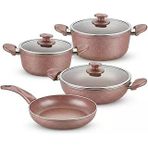 Papilla Argos 7 Parça Tencere Tava Seti - Pembe Kırçıl Renkli Yanmaz Yapışmaz Çeyiz Paketi Cam Kapaklı (20/24/26 Cm Tencere + 26 Cm Tava)