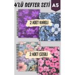 Papirus Craft Spiralli Çizgili Ve Kareli| Okul Defter Seti | 4 Adet | A5 | Sert Karton Kapak | 45 Yaprak