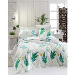 paradise RANFORCE %100 Pamuk Yaprak Temalı Yatak Örtüsü (Pike) Set, Tam/Çift Kişilik, Yeşil Beyaz, (4 Parça)