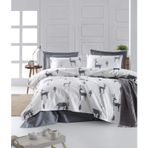 paradise RANFORCE Ağaç ve Geyik Temalı %100 Pamuk Yatak Örtüsü (Pike) Set, Tam/Çift Kişilik, Gri Beyaz, (4 Parça)
