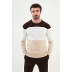 Parçalı Bej Slim Fit Bisiklet Yaka Erkek Triko Kazak - XL