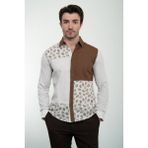 Parçalı Desenli Bej Slim Fit Keten Erkek Gömlek - XL