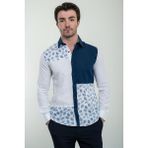 Parçalı Desenli Beyaz Slim Fit Keten Erkek Gömlek - Beyaz-Lacivert