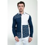 Parçalı Desenli Lacivert Slim Fit Keten Erkek Gömlek - XL