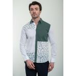 Parçalı Desenli Yeşil Slim Fit Keten Erkek Gömlek - Beyaz-Yeşil