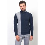 Parçalı Lacivert Renk Slim Fit Tam Balıkçı Yaka Yün Erkek Kazak - Lacivert - Açık Gri - 2XL