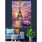 Paris Eyfel Kulesi Ve Pembe Araba Dekoratif Kanvas - Mdf Ahşap Tablo