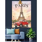 Paris Kırmızı Vosvos Araba Posteri Dekoratif Kanvas - Mdf Ahşap Tablo