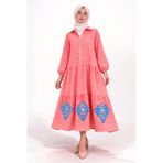 Park Moda %100 Pamuklu Cepli ve Nakışlı Yazlık Tasarım Desenli Nar Çiçeği Pembe Gömlek Tesettür Elbise