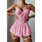 Parkbella Örgü ve Kurdele Detaylı Askılı Mini Gecelik Takımı - Pembe - L - XL