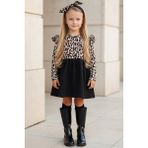 Parla Kids ELB-0059 Leopar Desenli Uzun Kollu Fırfırlı Kız Çocuk Elbise Bandana Takım