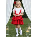 Parla Kids Kız Çocuk Helen Kırmızı Askılı Jile 23 Nisan 29 Ekim Elbise Gösteri Kıyafeti Ekru Dantel Kısa Kollu Bluz Abiye Takım - 10 - 11 Yaş