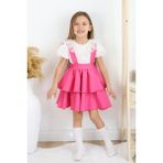 Parla Kids Kız Çocuk Helen Pembe Askılı Kat Kat Bağlama Jile Elbise Dantel Detay Ekru Kısa Kollu Bluz Takım TKM-0181.3 - Beyaz - Pembe - 3 - 4 Yaş