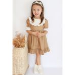 Parla Kids Kız Çocuk Ruby Kahverengi Fırfırlı Dantel Detaylı Kısa Kollu Elbise Bandana Takım - 3 - 4 Yaş