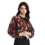 Parlak Detaylı Desenli Balon Kol Bluz – Modern Yaka ve Lastikli Bilek Tasarımıyla Şık Seçim, KİREMİT, 44
