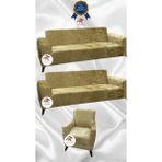Parlak Kadife Geometrik Desenli Koruyucu Giydirme Koltuk Örtüsü - Gold - 3+3+1 (3 Parça Set) - 10 x 10 cm