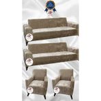 Parlak Kadife Geometrik Desenli Koruyucu Giydirme Koltuk Örtüsü - Vizon - 3+3+1+1 (4 Parça Set) - 10 x 10 cm