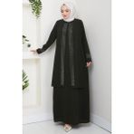 Parlak Taşlı Büyük Beden Anne Elbisesi Haki HM2856 - 46