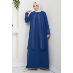 Parlak Taşlı Büyük Beden Anne Elbisesi Indigo HM2856 - 52