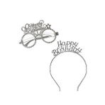 Parti Adresi Happy Birthday Taç Gözlük Set Doğum Günü Parti Aksesuarı Gümüş Çok Renkli