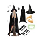 Parti dolabı Halloween 120cm Kapşonlu Pelerin Cadı Şapka+Burun+Çene+Tırnak+Diş 6 Parça Kostüm Set