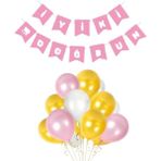 Parti Furyası Pembe Karton Üzeri Gümüş Gri Yaldızlı Iyiki Doğdun yazılı Doğum Günü Partisi Yazı Banner Süs Ve 20 Adet (Beyaz,Gold Ve Pembe,) Balon Süsleme Seti