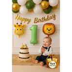 parti hediye sepeti Safari Temalı 1 Yaş Doğum Günü Balon Seti | Aslan Zürafa Folyo Balon + Happy Birthday Yazısı