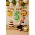 parti hediye sepeti Safari Temalı 5 Yaş Doğum Günü Balon Seti | Aslan Zürafa Folyo Balon + Happy Birthday Yazısı