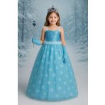 Parti Kırtasiye Frozen Elsa Kostüm Mavi Elbise (Taç + Asa + Eldiven + Tarlatanlı) Karlar Kraliçesi Kız Çocuk Kostümü