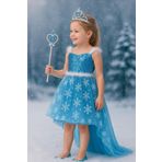 Parti Kırtasiye Karlar Ülkesi Frozen Elsa Kostüm Kız Çocuk Ön Kısa Arka Uzun Kuyruklu Prenses Elbise
