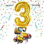 Parti Station Altın Renk Rakam Balon Küçük Boy İnşaat Balonlu 3 Yaş İnşaat Kamyon Konspet Doğum Günü Balon Set